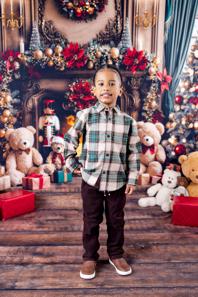 Little boy smiling during a Christmas mini photography session in bay area