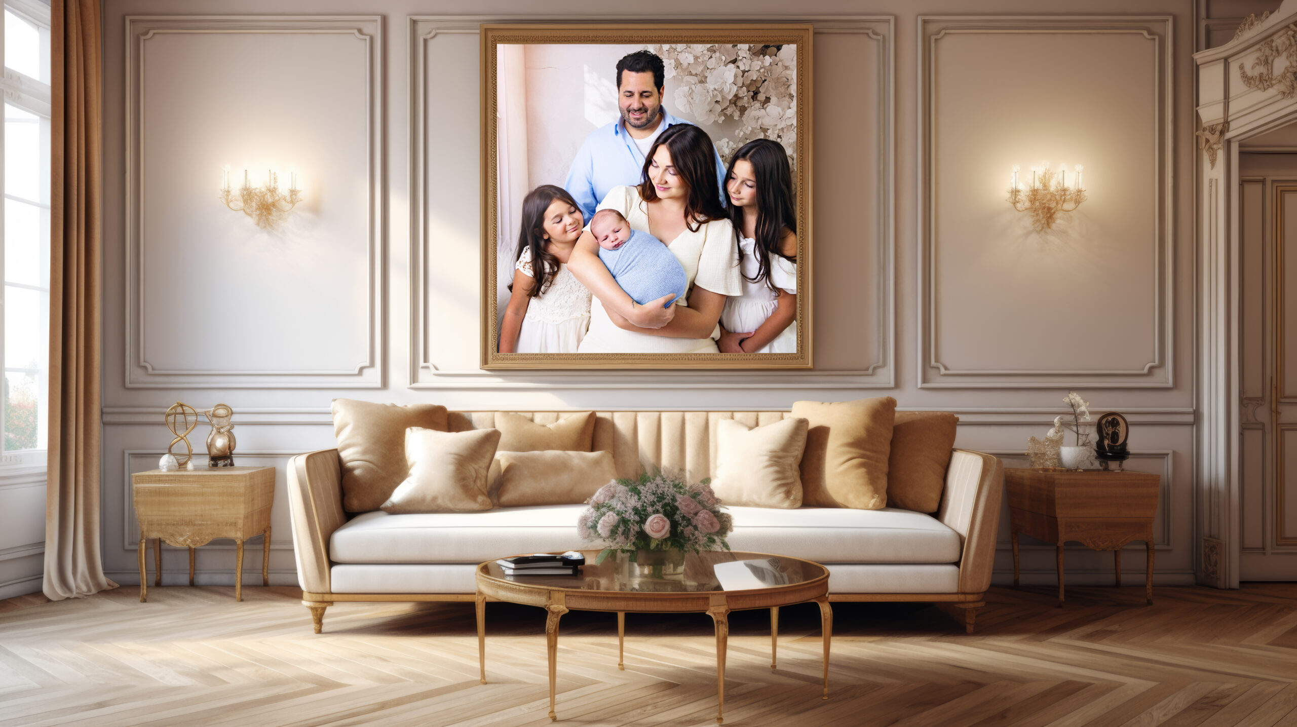 Large framed family portrait displayed as elegant living room wall art