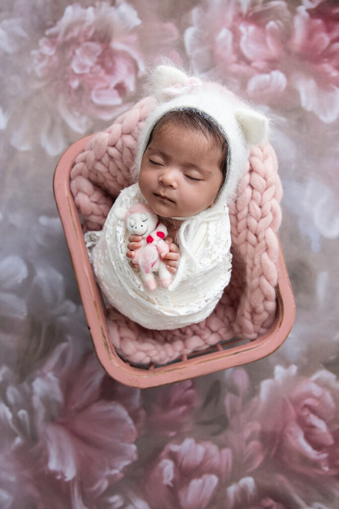 Sleeping newborn baby photographed during a studio newborn session in San Ramon