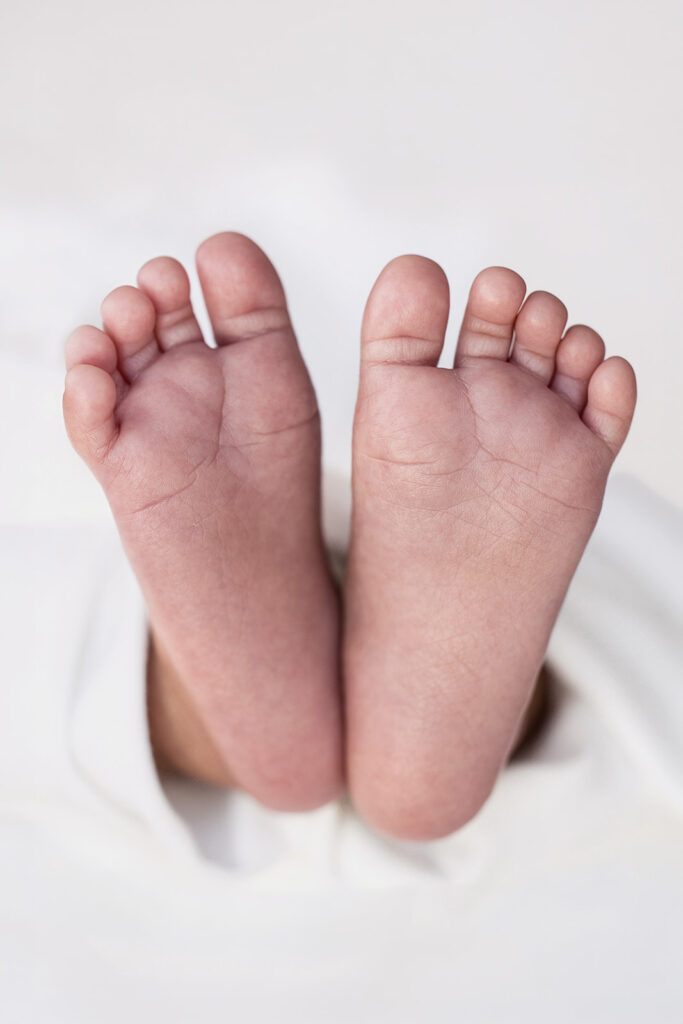 Newborn baby’s tiny feet resting side by side on a soft blanket during a Bay Area newborn photography session